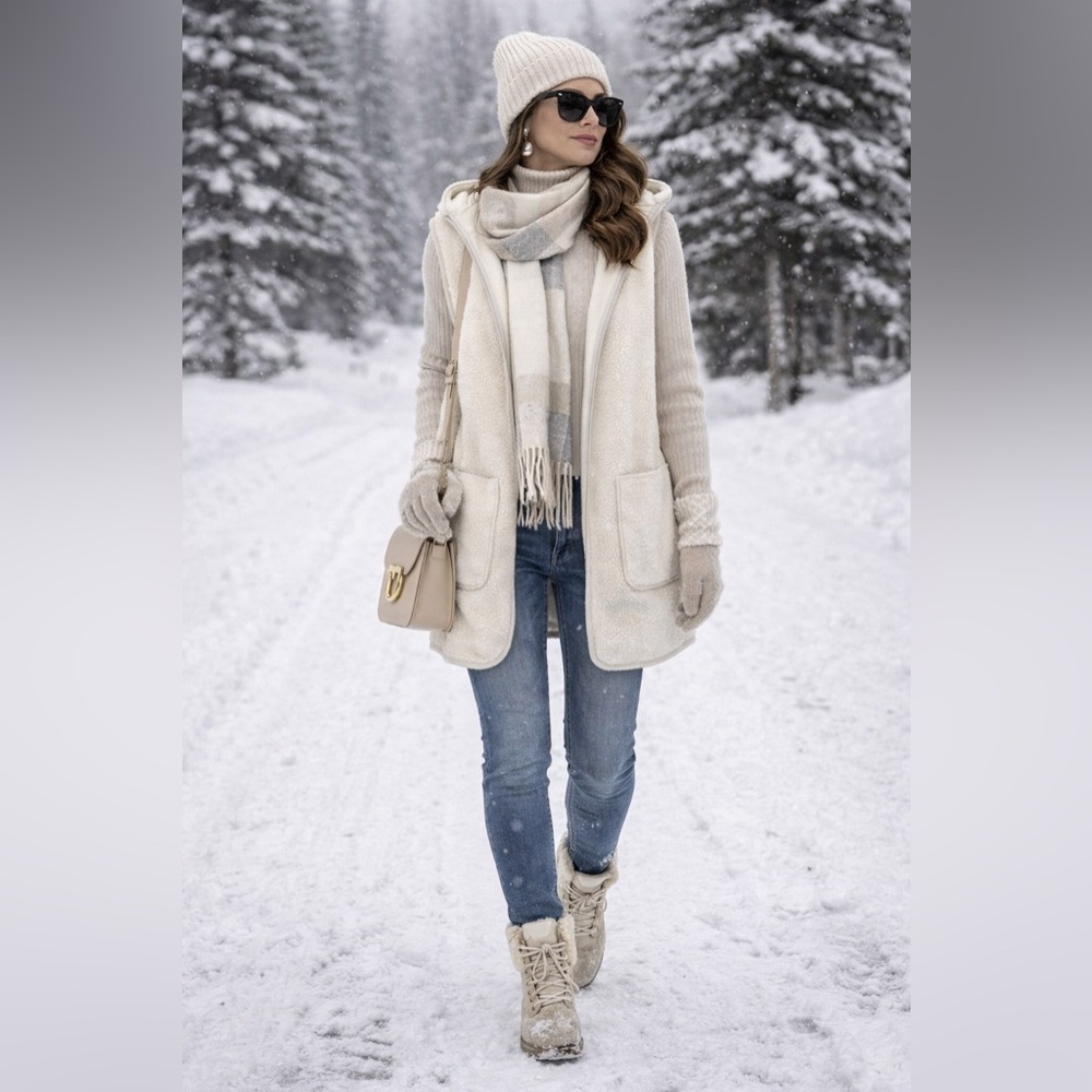 Joie Sherpa Fleece Hooded Vest in a cream/ivory color